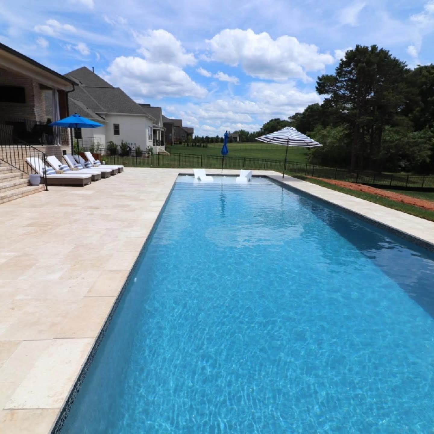 Travertine Deck Rectangle San Juan fiberglass pool